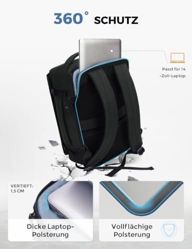 Handgepäck Rucksack für Ryanair Flugzeug Unter-Sitzplatz, Tiefes Laptopfach bis 14 Zoll, PET-Recycelte, Wasserdichter Reiserucksack für Herren & Damen, 40x20x25(Schwarz)