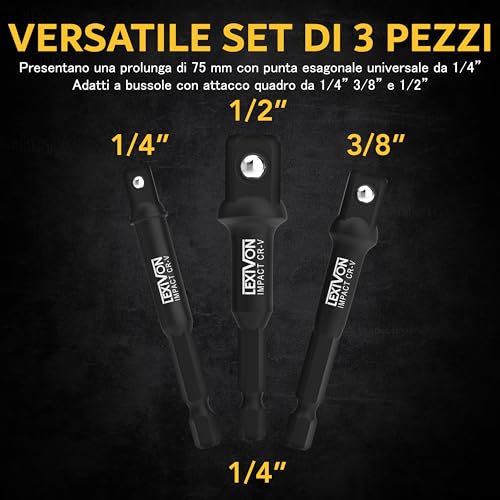 LEXIVON Set di adattatori per zoccoli Impact Grade, bit di estensione da 3" | 3-Piece 1/4", 3/8", e 1/2" Drive, adattate il vostro trapano di potenza al cacciavite (LX-101)