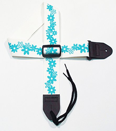 Girls Guitar Strap 2" Cotton Strap with Turquoise Daisy Flowers on a White Strap by Legacystraps