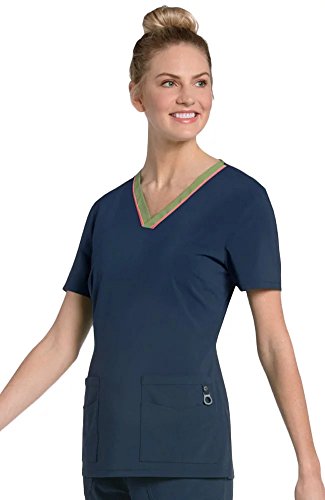 Lynx Women's Unleashed V-Neck Solid Scrub Top Small Navy/Spanish Moss/Persimmon