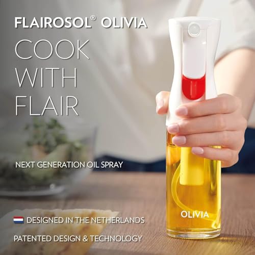 OLIVIA SIGNATURE Advanced Kitchen Oil Sprayer with Flairosol Technology, Fine Mist & Portion Control, Refillable Glass Olive Oil Cooking Spray Bottle for Air Fryer, Salad, BBQ, 130ml (White Print)