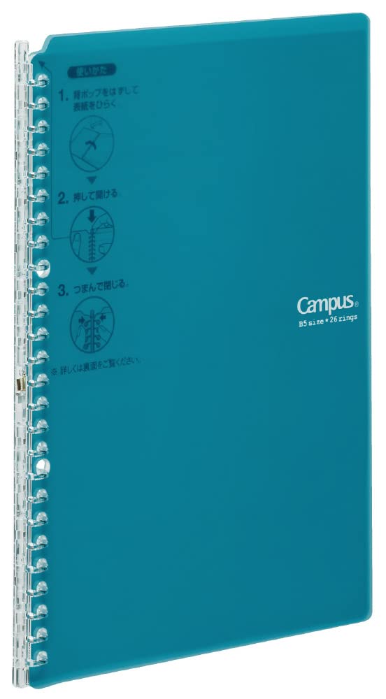KOKUYO Campus Smart Ring Binder, B5 Blue Green Refillable Binder Notebook 26 Holes with 10 Extra Loose-Leaf Paper, Up to 25 Filler Papers for Work & Study, Japan Import (RU-SP700BG)
