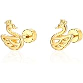 Small Tiny Gold Plated Swan Earring Screw Flat Back Stud Earring Hypoallergenic Cartilage Tragus Piercing Sleeper Little Studs Jewerly for Women