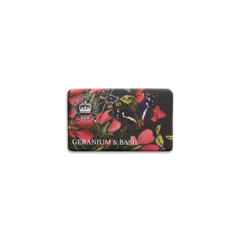 The English Soap Company Kew Gardens Geranium and Basil Soap - Luxury Vegan Soap Bar Enriched with Shea Butter - Fresh Herbal Floral Scent, Moisturising, Cruelty-Free, Made in England - 240g