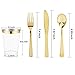 I00000 25 Guest Gold Plastic plates with Silverware & Gold rim Cups, Includes 25 Dinner Plates, 25 Salad Plates, 25 Forks, 25 Knives, 25 Spoons, 25 Tumbles (Dots White/Gold)