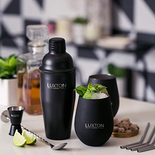 Luxton Home Ultimate Men's Gift Cocktail Shaker Set Matte Black - Plus 2 Cups & 4 Straws - Thumbnail 3