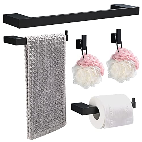 HANFU Towel or Toilet Paper Holder, Bathroom Accessories Set of 5, Aluminium 40 cm, Hooks for Bathrobe, Complete Wall Mount, Black