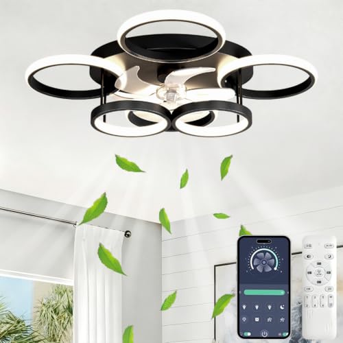 SXJCCSM 72 W Dimmable Ceiling Fan Ceiling Light, Silent LED Chandelier Design with 6 Rings with Remote Control and APP, 6 Speeds Reversible, Timing, Suitable for Kitchen, Living Room, Bedroom, 65 cm