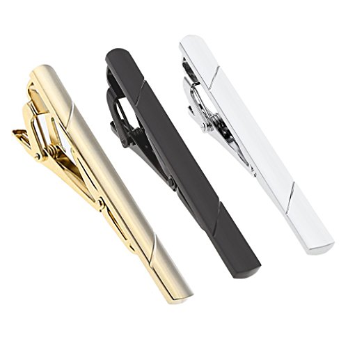 PiercingJ 3pcs Set Stainless Steel Exquisite GQ Classic Tie Bar Clip, Silver Golden Black Tone, 2.3Inches