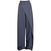 MLAFE High Waisted Loose Fit Business Casual Work Trousers Long Straight Suit Pants Women Asymmetrical Dressy Trousers