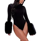 NIFTRIRY Bodysuits for Women Sexy Bodycon Long Sleeve with Faux Fur Cuffs Going Out Club Outfits