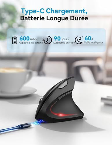 TECKNET Ergonomic Wireless Rechargeable Mouse, Vertical Bluetooth Mouse 3 Modes (BT5.0/3.0+2.4G) 4800 DPI Adjustable, 6 Buttons, Silent Mouse for Computers, Laptops, Mac, PC, Windows