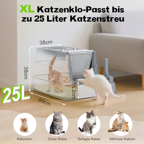 SZEE XL Stainless Steel Cat Litter Tray with 180° Hinged Lid, Large Closed Cat Litter Tray Stainless Steel with Lid, 59 x 38 x 38 cm, Dark Grey