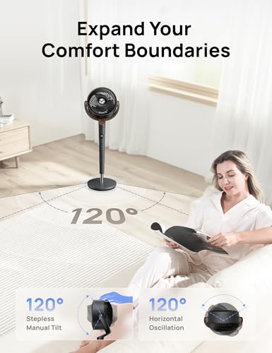 DREO Fan for Bedroom, 120° Oscillating Standing Fans, Quiet Floor Fan with DC Motor, 100ft Pedestal Fans for Room, 9 Speeds, 4 modes, 20dB, 120° Manual Vertical, 37-42" Adjustable Height, 9H Timer