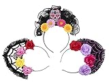Day of The Dead Headbands - 3-Pack Skull Spider Web Head Band, Black Lace Crown Assorted Designs