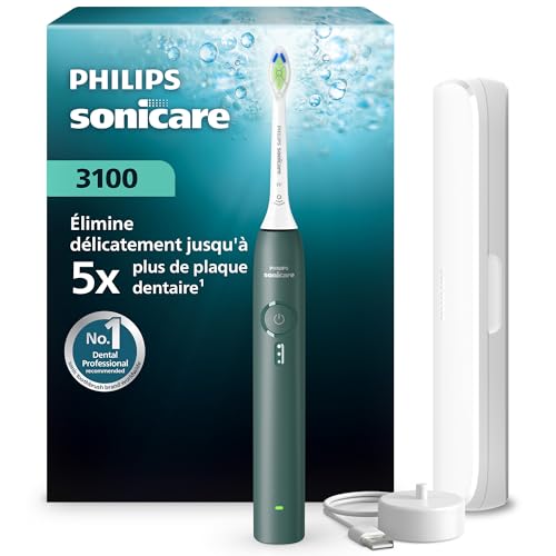 Sonicare série 3100 – Brosse à dents électrique, capteur de pression, 3 intensités, EasyStart, SmarTimer, 14 jours d’autonomie, étui de voyage, coloris vert forêt, HX4033/26, [Nouveau]