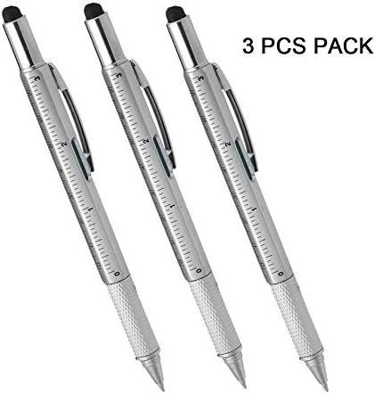 Multi-word 6 in 1 Multi Function Tool Ballpoint Pen with Ballpoint, Ruler, Screwdriver, A Flat Head, Touch-Screen Pen (3 PCS,Silver)