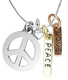 Tri-Tone "Peace Love" Peace-Sign Three Charm Necklace Tri-Tone "Peace Love" Peace-Sign Three Charm Necklace