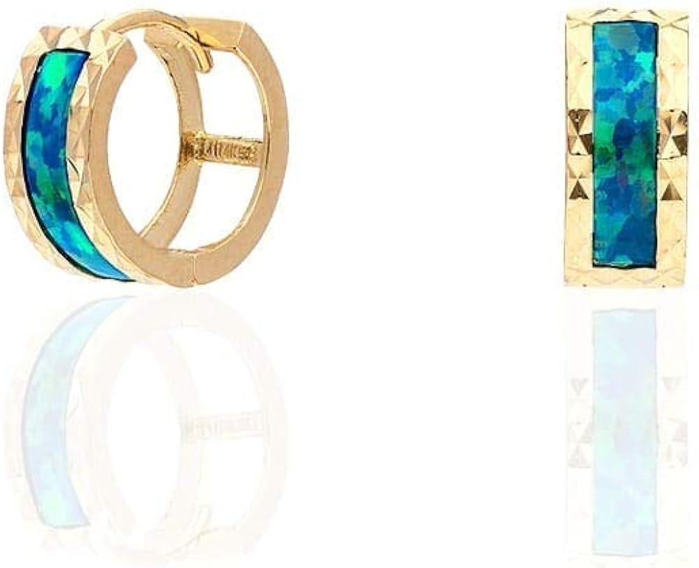 14k Yellow Gold Diamond Cut Fire Opal Huggie Hoop Earrings 0.5"