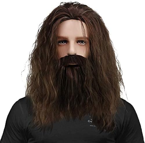 Rubeus Hagrid Wig Long Curly Brown Hair and Beard Halloween Cosplay Wig