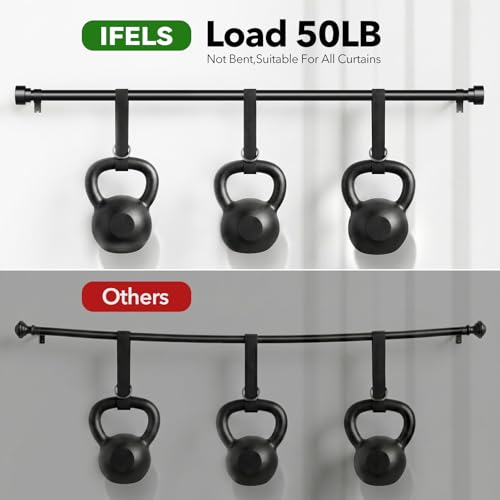 IFELS Heavy Duty Curtain Rods for Windows 66 to 120 Inch,1 Inch Adjustable Black Curtain Rod with Easy Installation and Modern Design,Decorative Long Drapery Rods with Metal Finials (A1,Black,30-120")