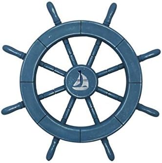 Rustic All Light Blue Decorative Ship Wheel with Sailboat 18 Inch - Wooden Ship Wheel - Ships Steering by Hampton Nautical