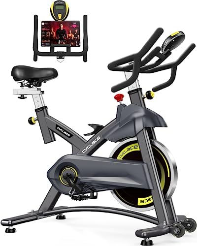 cyclace exercise bike stationary 330 lbs weight capacity indoor cycling bike with tablet holder and lcd monitor for home workout