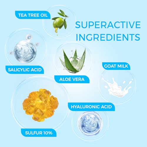 OUKEYA Sulfur Soap for Face and Body with 10% Sulfur, 2% Salicylic Acid, Sulphur Soap Bar with Goat Milk & Tea Tree Oil Hydrating Aloe & Hyaluronic Acid
