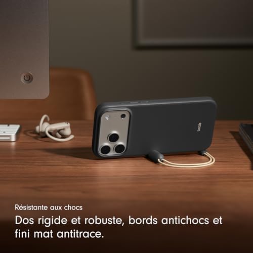 Coque avec béquille pour iPhone 17 Pro Max équipée MagSafe avec Commande de l'appareil Photo, Support intégré et dragonne, Fini Mat et Doublure en Tissu Microfibre - Gris Granite