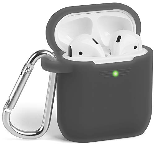 GMYLE AirPod Case, Silicone Protective Cover Skins with Keychain for Airpods Earbuds Wireless Charging Case, Accessories Set Compatible with Apple AirPods 2 & 1, Transparent Black [Front LED Visible]