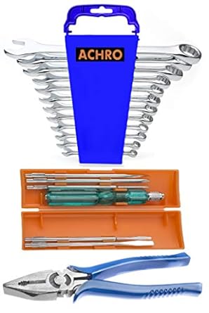 ACHRO 919 Universal Tool Kit Set for Home/Garage/Car/Bike/Industry -Contains 6 Pieces Screwdriver Set + 12 Pieces Combination Spanner Set + 8 inch Combination Plier (Multicolour) - Set of 19 Pieces