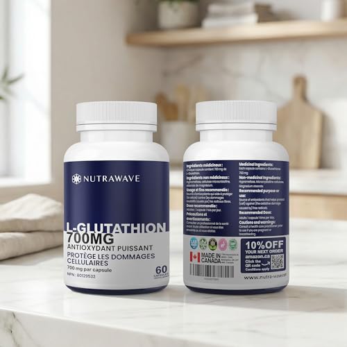 Nutrawave HIGHEST POTENCY AVAILABLE L-Glutathione 700mg per capsule Supplement,- Non-GMO, Soy & Gluten Free - 60 Capsules