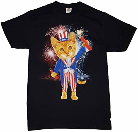 Uncle Sam Kitty Cat Fireworks Graphic T-Shirt - X-Large