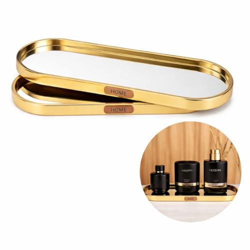 Bandeja Oval Espelhada Dourada Decorativa para Organização e Decoração