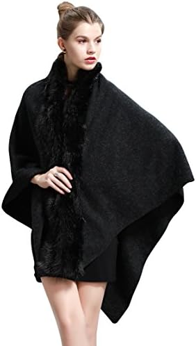 Wincolor Women's Winter Cashmere Pashmina Puncho Shawl Capes Wraps with Faux Fur Trim