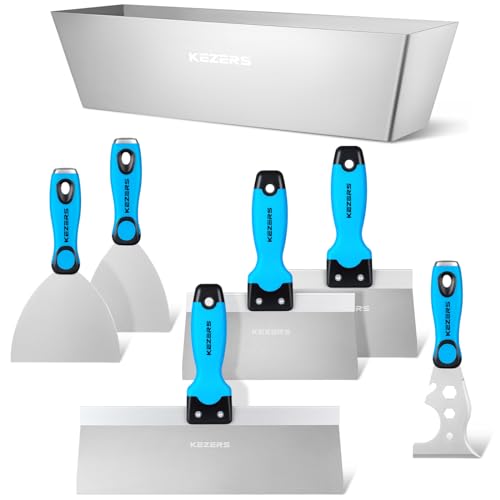KEZERS Drywall Hand Tool Kit, 7 Pieces 3" 4" 5" 6" 8" 12" Stainless Steel Drywall Knife with Metal Hammer End, includes Putty Knife, Taping Knife, and 12" Mud P