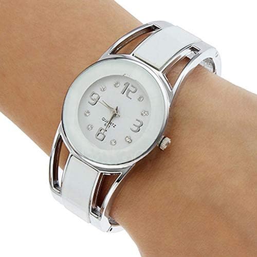 Holrea Women Fashion Wrist Watch, Opening End Quartz Analog Round Case Bracelet Bangle Quartz Wrist Watch Elegant Dress Bangle Cuff Wristwatch Gift for Women Girls White
