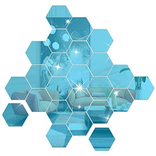 NAILDOKI DIY Wall Decals Acrylic Mirror Sticker Set 36 Pcs, Hexagon Mirror Wall Stickers for Living Room Bedroom Decor (Blue)
