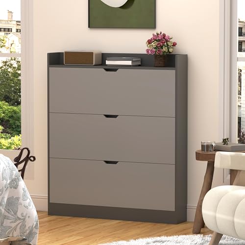 RWDKDTX Zapatera, Mueble Organizador de Zapatos Madera para 3 Cajones Abatibles, Zapateras Modernas 15 Pares Cerradas, Vertical Zapatero para Entrada de Casa, Recibidor,100 * 17 * 115CM, Gris