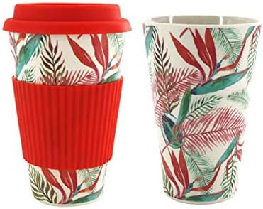 Organic Bamboo Fiber Coffee Cup Silicone Lid Sleeve Spill Proof Reusable Mug Tea Floral Eco-Friendly Takeaway (Red, 400ML)