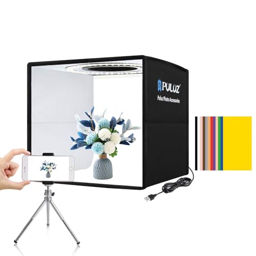 PULUZ Mini Lichtzelt Fotografie 25x25cm, Kleines Fotostudio Box mit 104 LED-Leuchten CRI >95 & 6 Arten Doppelseitiger Farbhintergründe für kleine Prod