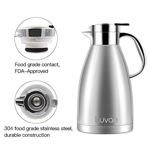 Luvan 304 18/10 Food-grade Stainless Steel Thermal Carafe/Double Walled Vacuum Insulated Coffee Pot with Press Button Top,24+ Hrs Heat&Cold Retention,BPA Free,for Coffee,Tea,Beverage etc (61 Oz)