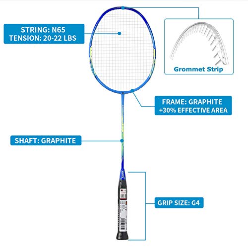 WHIZZ 2 PCS 100% Graphite Badminton Racket Set, Frame/String Protection Design, Large Badminton Bag / 2 Grip Tapes Included (Blue/Pink)