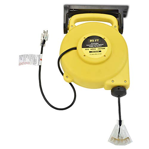 25 Ft Retractable Extension Cord Reel - 2 In 1 Mountable & Portable Power Cord Reel with 3 Electrical Outlets - 14/3 SJTW Heavy Duty Yellow Case and Black Cable With Lighted Power Block