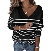 Libsorge Women's Oversized V Neck Cute Striped Sweaters Fall 2025 Lightweight Cozy Ribbed Knit Long Sleeve Pullover Sweater