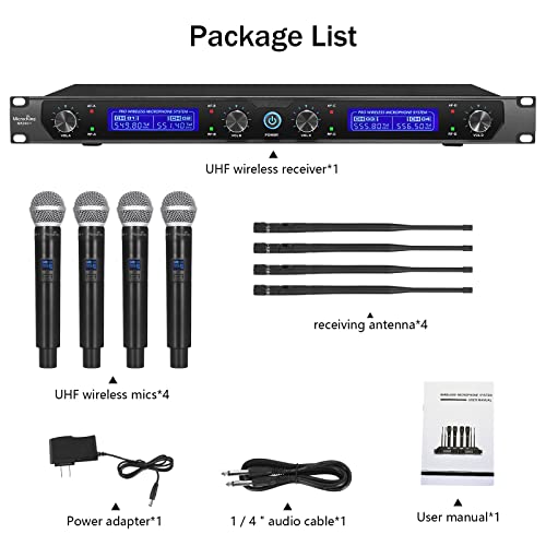 MicrocKing Wireless Microphone System, with 4 Handheld Mics, Metal Build, Fixed Frequency, Long Range 400FT, Ideal for Party Wedding Church Conference Speech
