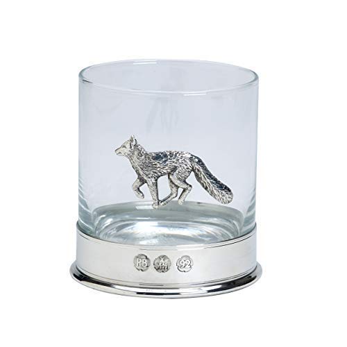 Farm Cottage Brands Lead Free pewterware Mounted 12oz Whisky Glass with a Running Fox Emblem in a Presentation Box of 1 or 2 Glasses (1)