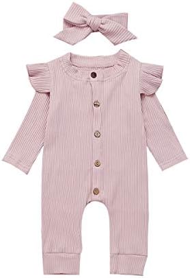 Baby Ribbed Clothes 2Pc Newborn Infant Boys Girls Solid Color Ruffle One Piece Romper Bodysuit Playsuit Outfits Set