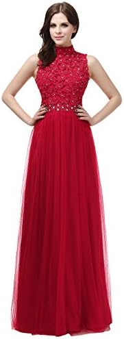 Diyouth High Neck Lace Flower Appliques Bridesmaid Dress Prom Evening Gown Dark Red Size 14