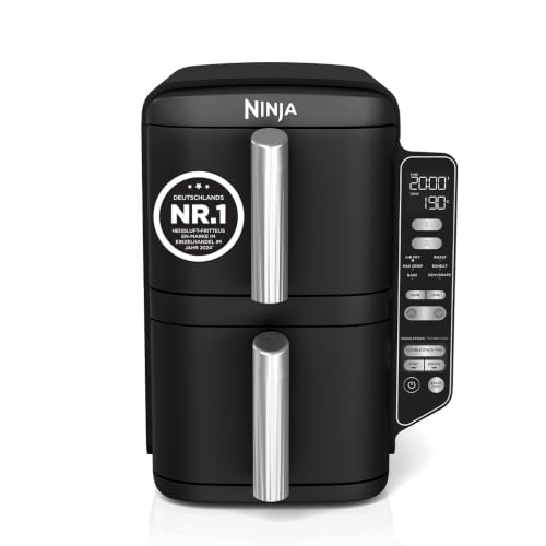Ninja Double Stack Heißluftfritteuse, 7,6L Digitale Air Fryer Doppelkorb mit 4 Kochstufen, 2 Schubladen, 2 Gestelle, Platzsparendes Design, 6 Kochfunktionen, 6 Portionen, Schwarz SL300EU